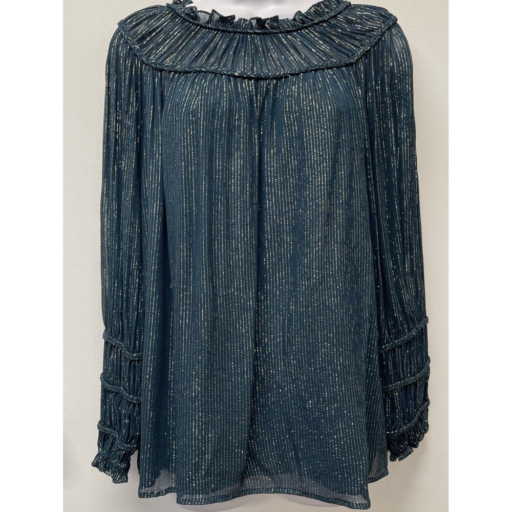 NWT Size Medium Ranna Gill Green Silver Gold Threads Dressy Long Sleeve Blouse
